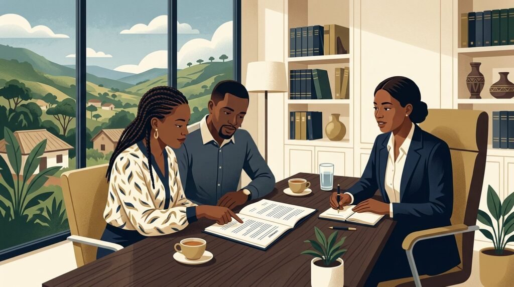 Illustration of business owners reviewing a contract with a legal adviser