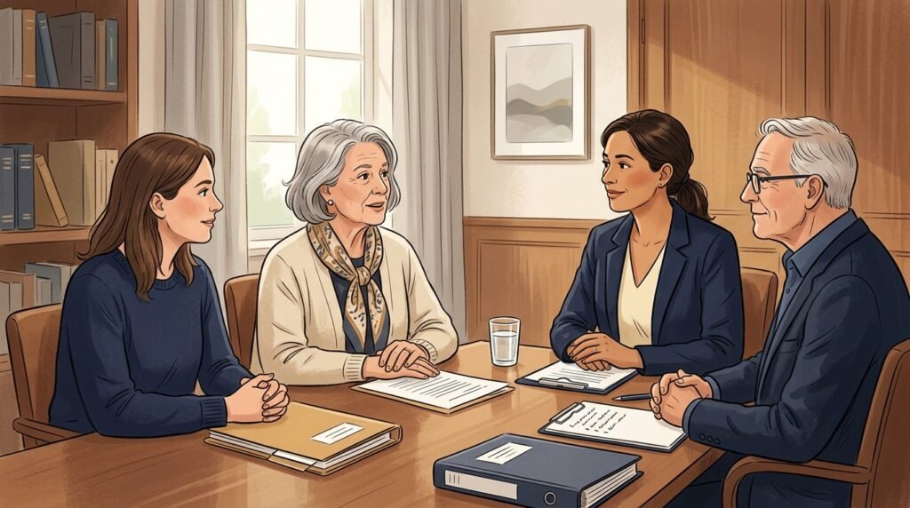 Illustration of a family receiving guidance about family legal documents