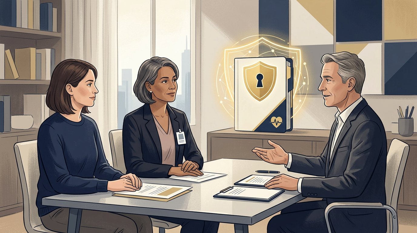 Illustration for medical and health law in Bamenda, showing a legal consultation and relevant records.