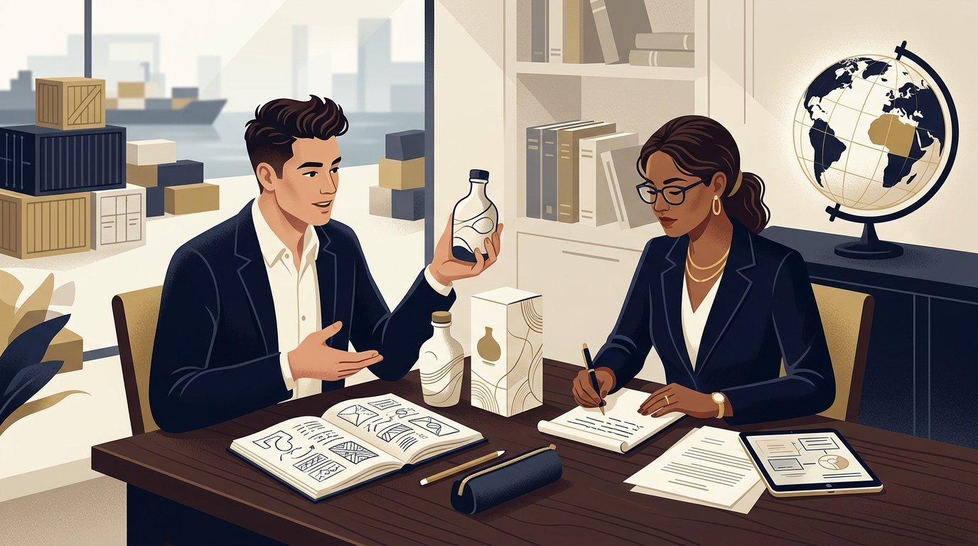 Illustration for intellectual property and trademarks in Bamenda, showing a legal consultation and relevant records.