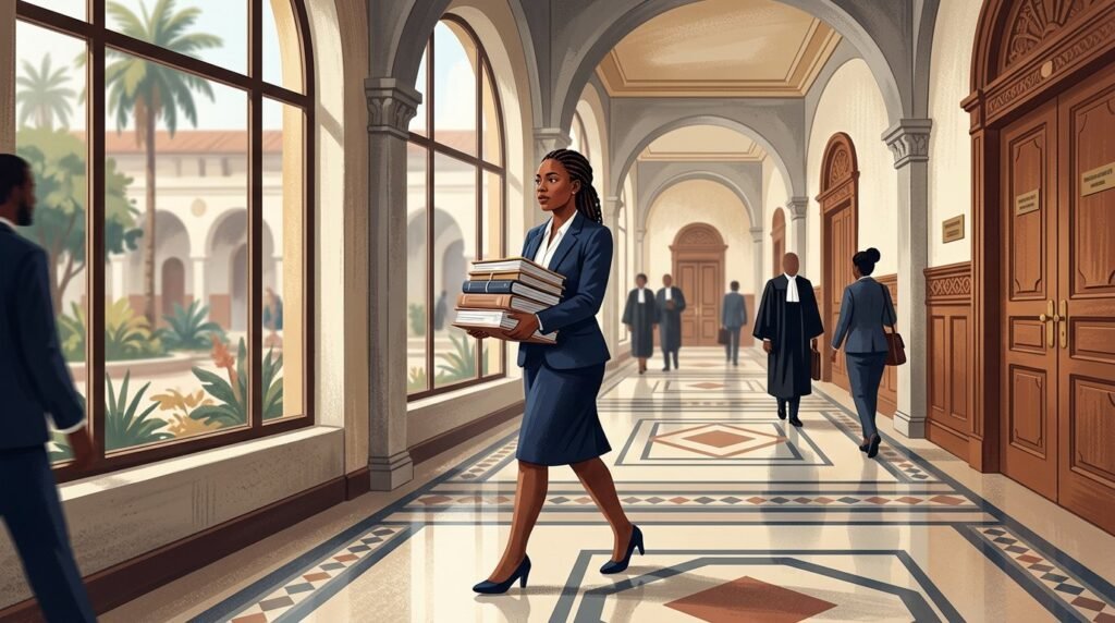 Illustration of a lawyer preparing case documents in a courthouse corridor