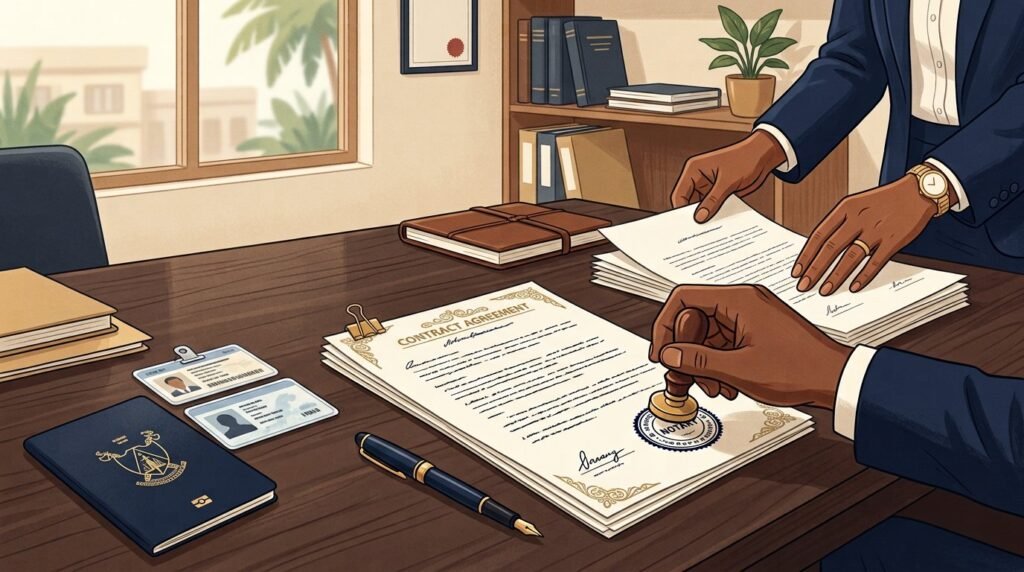 Illustration of a notary appointment with identity documents and a contract