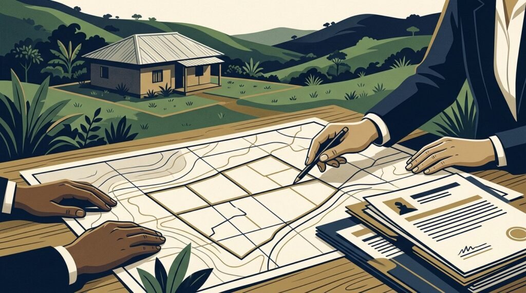 Illustration of a property plan and documents being reviewed before a land transaction