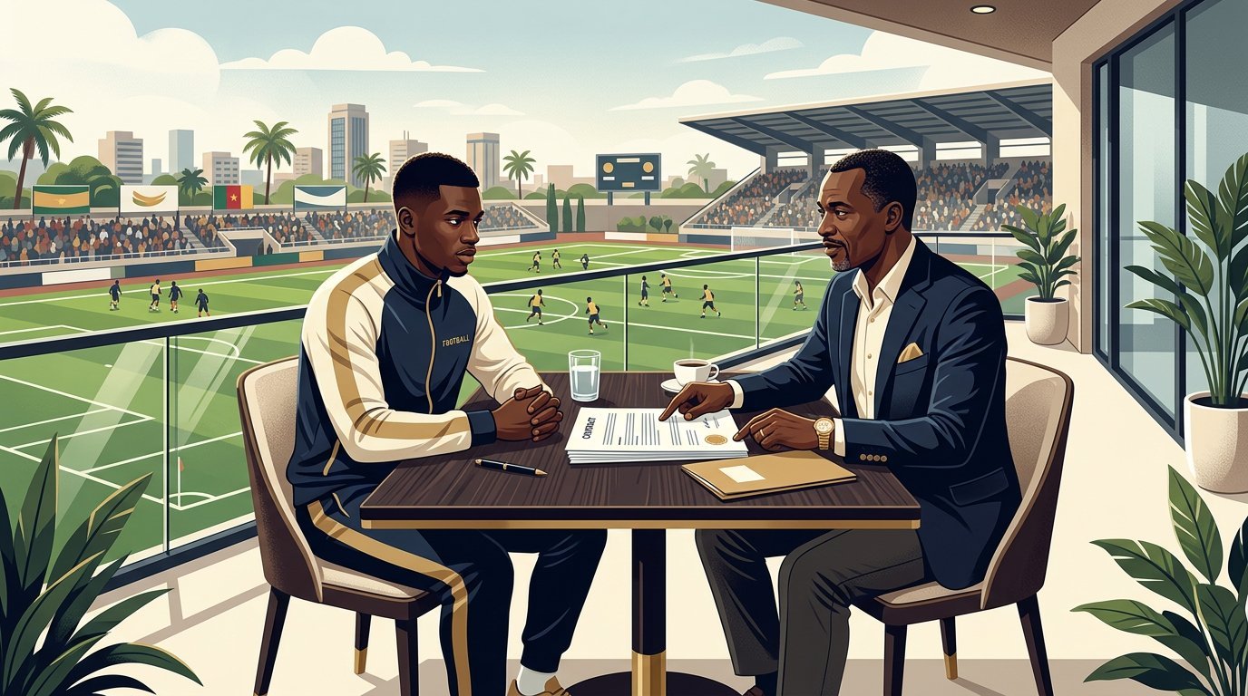 Illustration for sports and entertainment law in Bamenda, showing a legal consultation and relevant records.