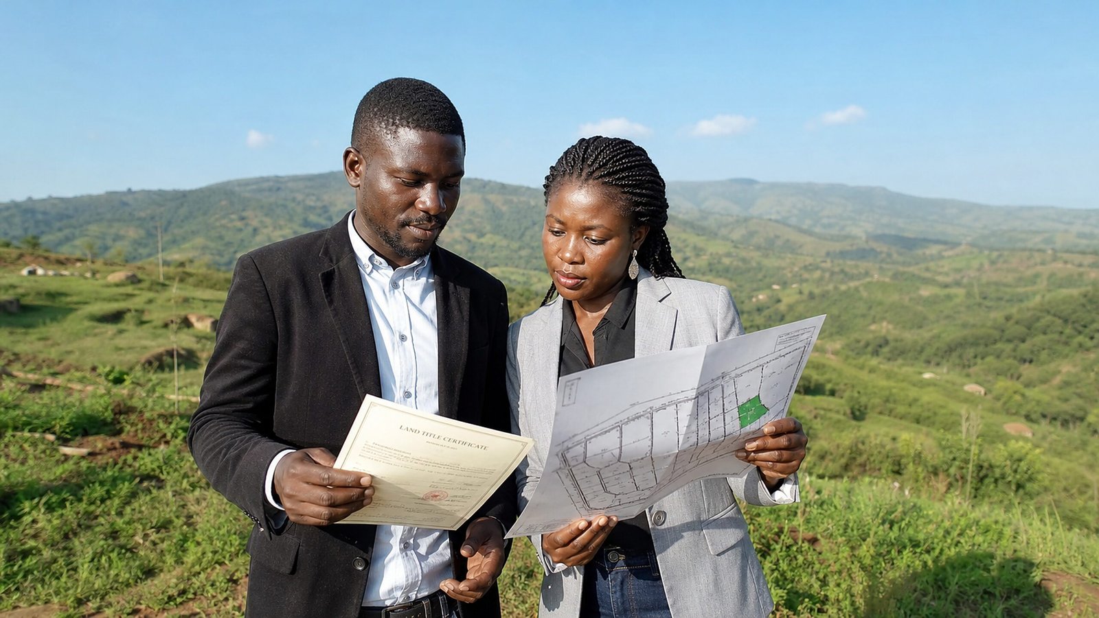 Cameroonian professionals reviewing land documents on a hillside in the North West Region