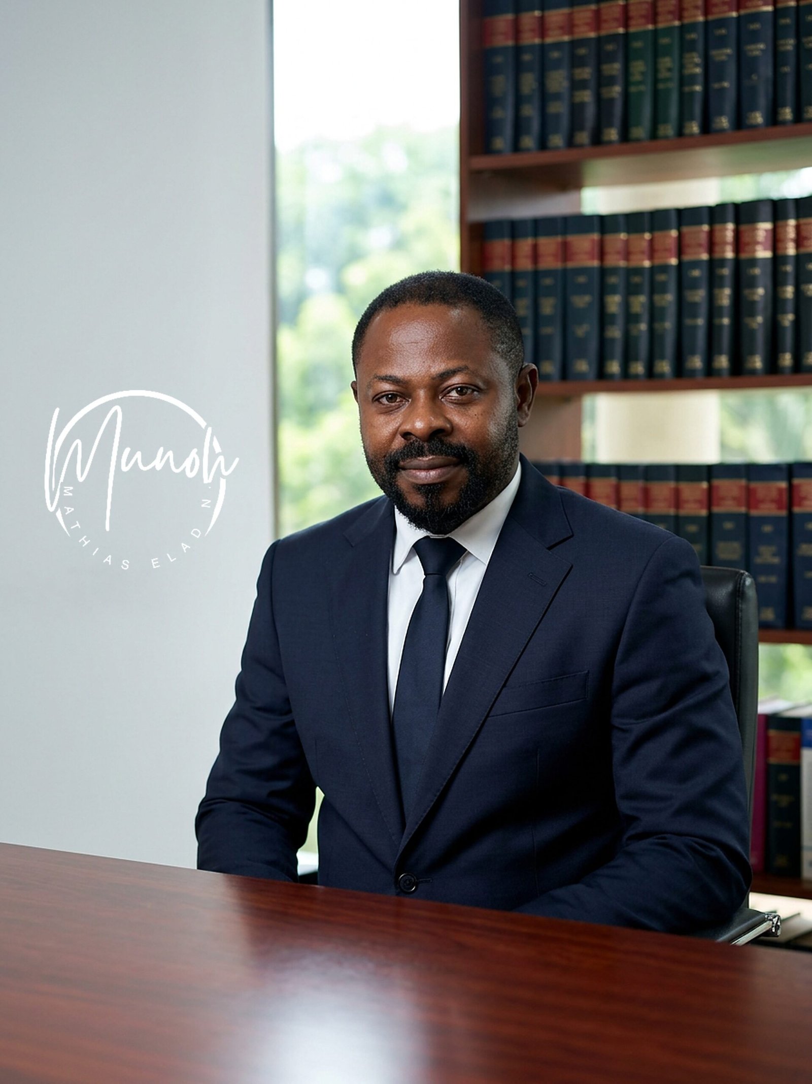 Munoh Mathias Elad Nguh, Senior Partner, seated in his law office in Bamenda, Cameroon